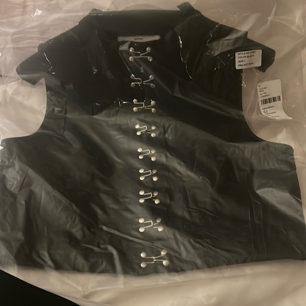 Amanda up Richard black crop clip top and matching skirt